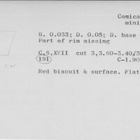Index card with typed and handwritten information, sometimes including a sketch, of pottery from an excavation.