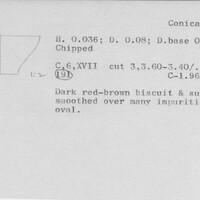 Index card with typed and handwritten information, sometimes including a sketch, of pottery from an excavation.