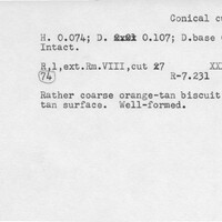 Index card with typed and handwritten information, sometimes including a sketch, of pottery from an excavation.