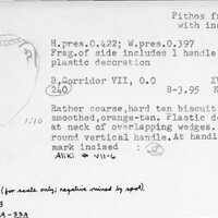 Index card with typed and handwritten information, sometimes including a sketch, of pottery from an excavation.