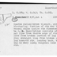 Index card with typed and handwritten information, sometimes including a sketch, of pottery from an excavation.