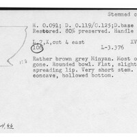 Index card with typed and handwritten information, sometimes including a sketch, of pottery from an excavation.