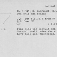 Index card with typed and handwritten information, sometimes including a sketch, of pottery from an excavation.