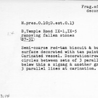 Index card with typed and handwritten information, sometimes including a sketch, of pottery from an excavation.