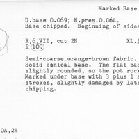 Index card with typed and handwritten information, sometimes including a sketch, of pottery from an excavation.