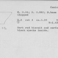 Index card with typed and handwritten information, sometimes including a sketch, of pottery from an excavation.