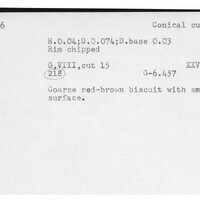 Index card with typed and handwritten information, sometimes including a sketch, of pottery from an excavation.