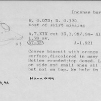 Index card with typed and handwritten information, sometimes including a sketch, of pottery from an excavation.