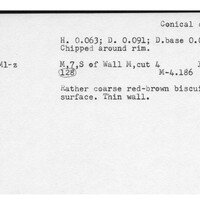 Index card with typed and handwritten information, sometimes including a sketch, of pottery from an excavation.
