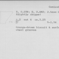 Index card with typed and handwritten information, sometimes including a sketch, of pottery from an excavation.