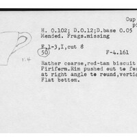 Index card with typed and handwritten information, sometimes including a sketch, of pottery from an excavation.
