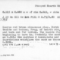 Index card with typed and handwritten information, sometimes including a sketch, of pottery from an excavation.