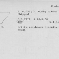 Index card with typed and handwritten information, sometimes including a sketch, of pottery from an excavation.
