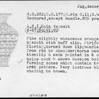 Index card with typed and handwritten information, sometimes including a sketch, of pottery from an excavation.