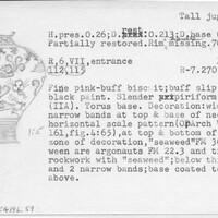 Index card with typed and handwritten information, sometimes including a sketch, of pottery from an excavation.
