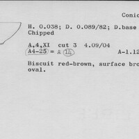 Index card with typed and handwritten information, sometimes including a sketch, of pottery from an excavation.