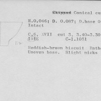 Index card with typed and handwritten information, sometimes including a sketch, of pottery from an excavation.