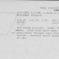 Index card with typed and handwritten information, sometimes including a sketch, of pottery from an excavation.