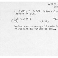 Index card with typed and handwritten information, sometimes including a sketch, of pottery from an excavation.
