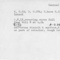 Index card with typed and handwritten information, sometimes including a sketch, of pottery from an excavation.