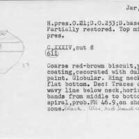 Index card with typed and handwritten information, sometimes including a sketch, of pottery from an excavation.