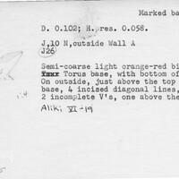 Index card with typed and handwritten information, sometimes including a sketch, of pottery from an excavation.