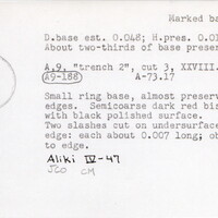 Index card with typed and handwritten information, sometimes including a sketch, of pottery from an excavation.
