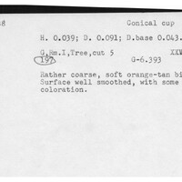 Index card with typed and handwritten information, sometimes including a sketch, of pottery from an excavation.