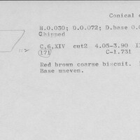 Index card with typed and handwritten information, sometimes including a sketch, of pottery from an excavation.