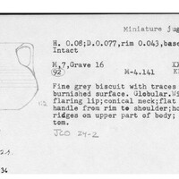 Index card with typed and handwritten information, sometimes including a sketch, of pottery from an excavation.