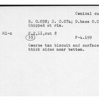 Index card with typed and handwritten information, sometimes including a sketch, of pottery from an excavation.