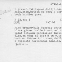 Index card with typed and handwritten information, sometimes including a sketch, of pottery from an excavation.