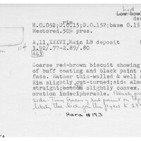 Index card with typed and handwritten information, sometimes including a sketch, of pottery from an excavation.
