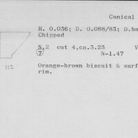 Index card with typed and handwritten information, sometimes including a sketch, of pottery from an excavation.