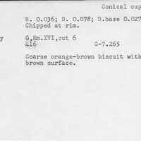 Index card with typed and handwritten information, sometimes including a sketch, of pottery from an excavation.