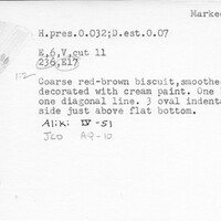 Index card with typed and handwritten information, sometimes including a sketch, of pottery from an excavation.