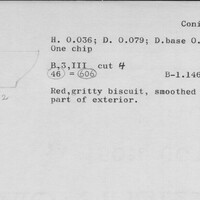Index card with typed and handwritten information, sometimes including a sketch, of pottery from an excavation.