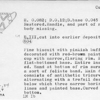Index card with typed and handwritten information, sometimes including a sketch, of pottery from an excavation.