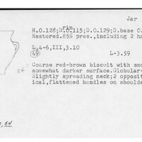 Index card with typed and handwritten information, sometimes including a sketch, of pottery from an excavation.