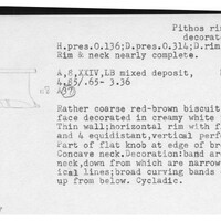 Index card with typed and handwritten information, sometimes including a sketch, of pottery from an excavation.