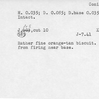Index card with typed and handwritten information, sometimes including a sketch, of pottery from an excavation.