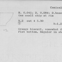 Index card with typed and handwritten information, sometimes including a sketch, of pottery from an excavation.