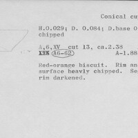 Index card with typed and handwritten information, sometimes including a sketch, of pottery from an excavation.