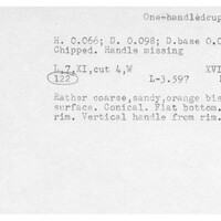 Index card with typed and handwritten information, sometimes including a sketch, of pottery from an excavation.