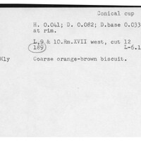 Index card with typed and handwritten information, sometimes including a sketch, of pottery from an excavation.