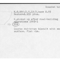 Index card with typed and handwritten information, sometimes including a sketch, of pottery from an excavation.