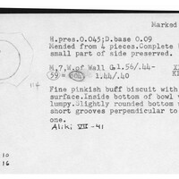 Index card with typed and handwritten information, sometimes including a sketch, of pottery from an excavation.