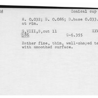 Index card with typed and handwritten information, sometimes including a sketch, of pottery from an excavation.