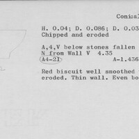 Index card with typed and handwritten information, sometimes including a sketch, of pottery from an excavation.