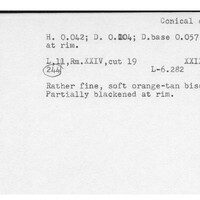 Index card with typed and handwritten information, sometimes including a sketch, of pottery from an excavation.